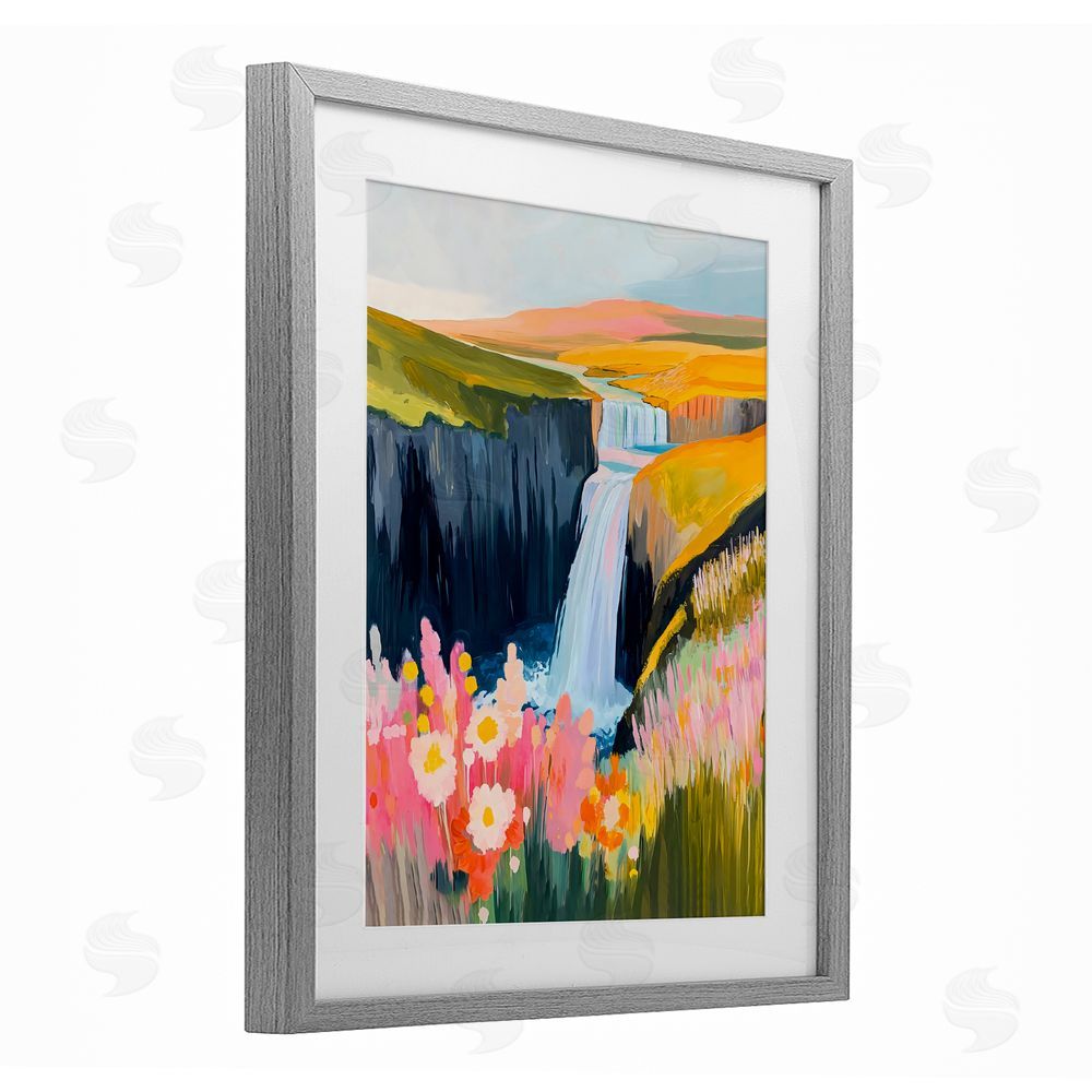 The Prints Vibe Colorful Waterfall in Valley Gray Framed Print Under Glass Wall Art