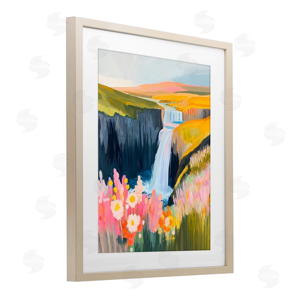 The Prints Vibe Colorful Waterfall in Valley Brown Framed Print Under Glass Wall Art