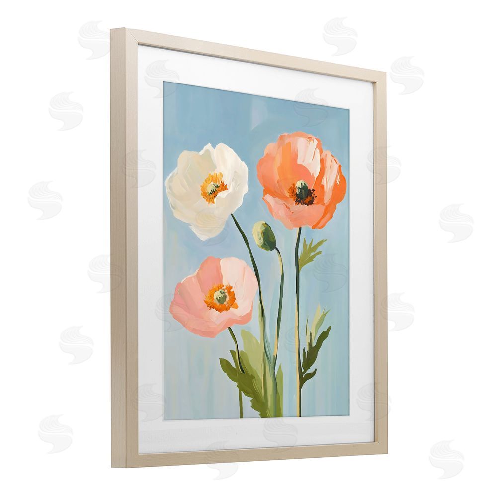 The Prints Vibe Pastel Poppy Blooming Trio Brown Framed Print Under Glass Wall Art