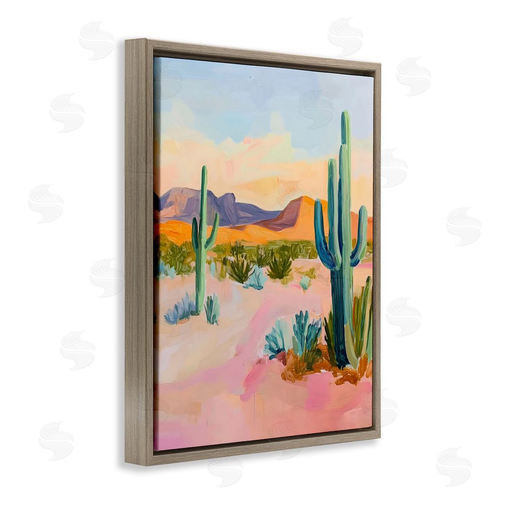 The Prints Vibe Cactus Desert with Soft Sunset Brown Floating Frame Stretched Canvas Wall Art Print