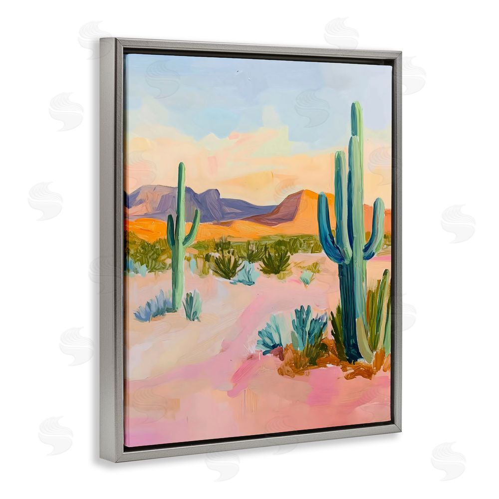 The Prints Vibe Cactus Desert with Soft Sunset Gray Floating Frame Stretched Canvas Wall Art Print
