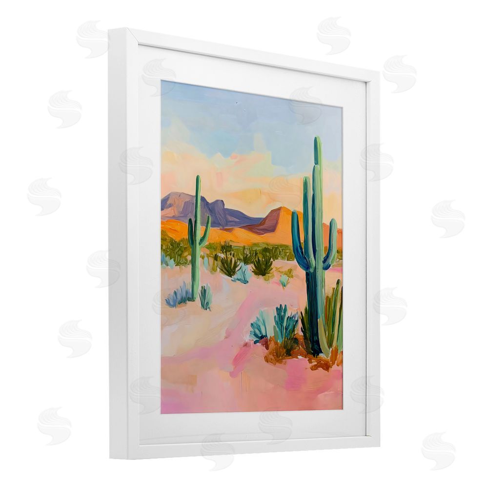 The Prints Vibe Cactus Desert with Soft Sunset White Framed Print Under Glass with Matting Wall Art