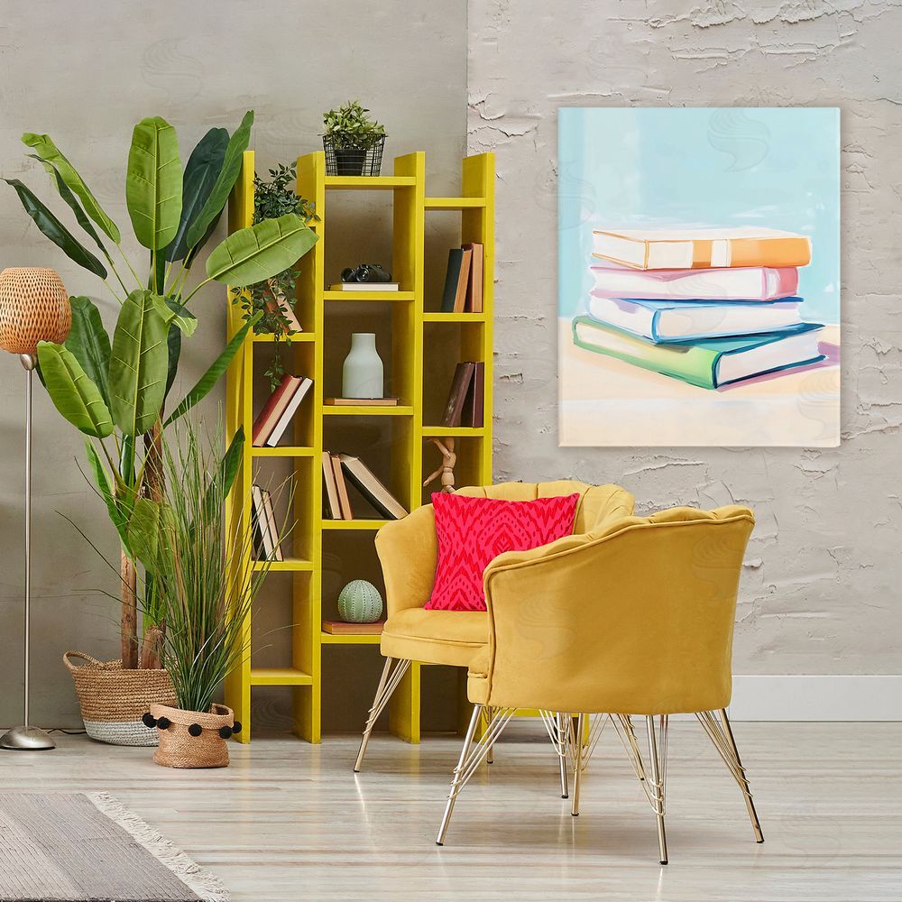 The Prints Vibe Pastel Reader's Book Stack Stretched Canvas Wall Art in Room