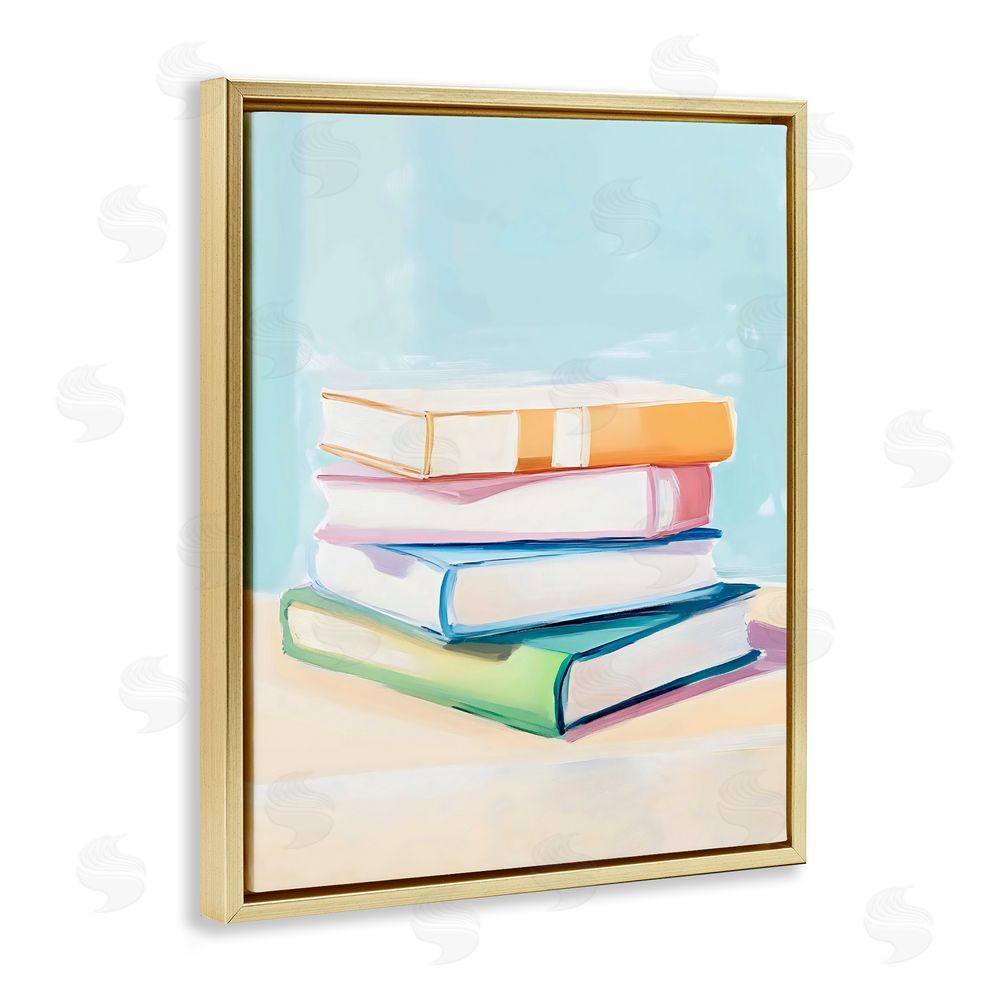 The Prints Vibe Pastel Reader's Book Stack Gold Floating Framed Canvas Wall Art