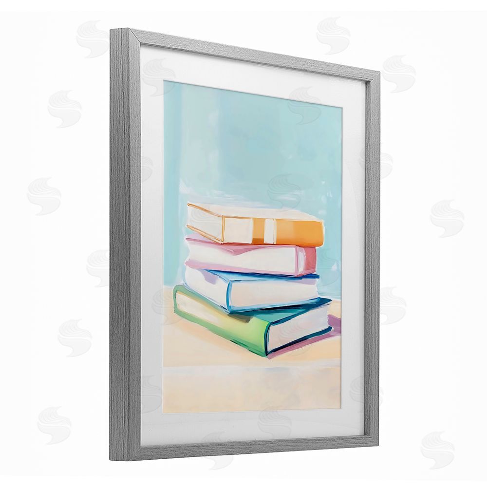 The Prints Vibe Pastel Reader's Book Stack Gray Framed Print Under Glass Wall Art