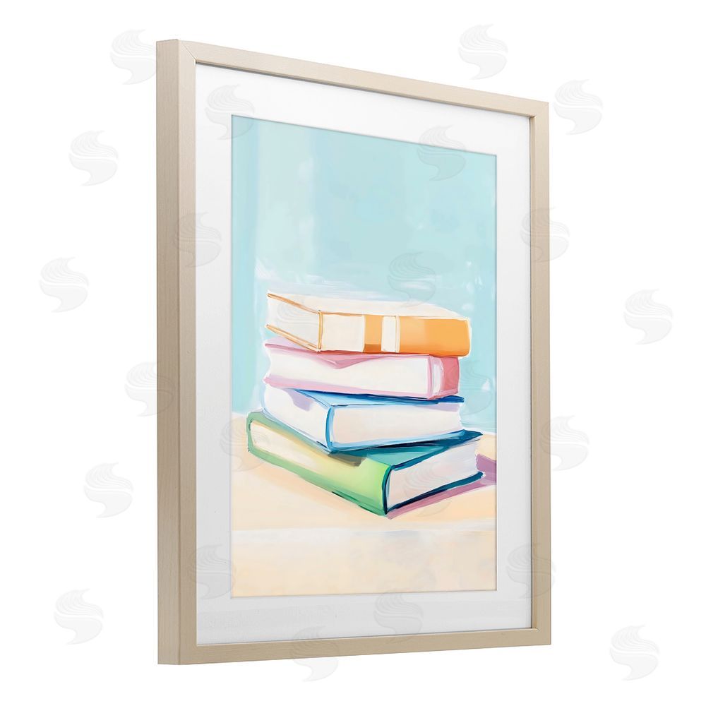 The Prints Vibe Pastel Reader's Book Stack Brown Framed Print Under Glass Wall Art