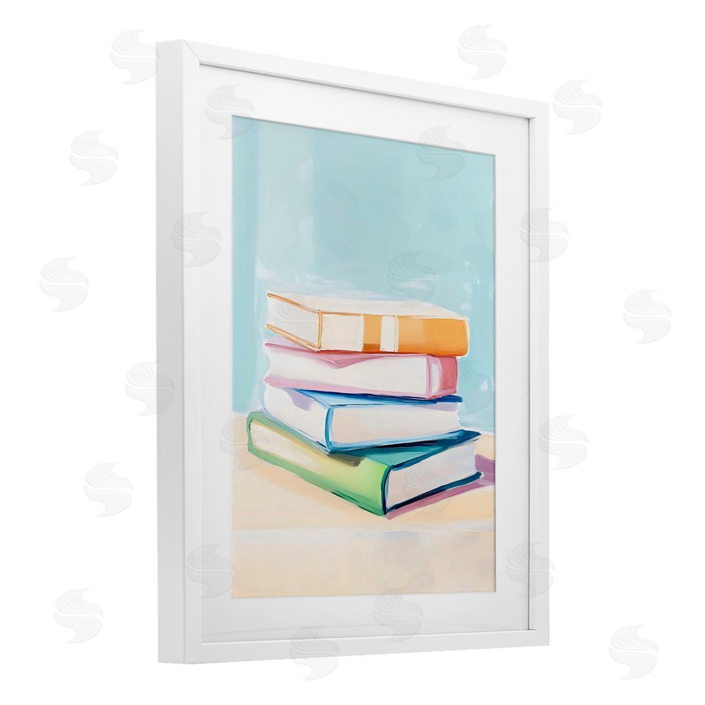 The Prints Vibe Pastel Reader's Book Stack White Framed Print Under Glass Wall Art