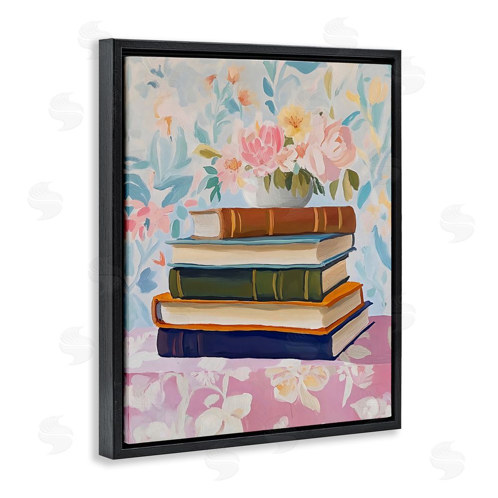 The Prints Vibe Vintage Books & Florals Black Floating Framed Canvas Wall Art Print