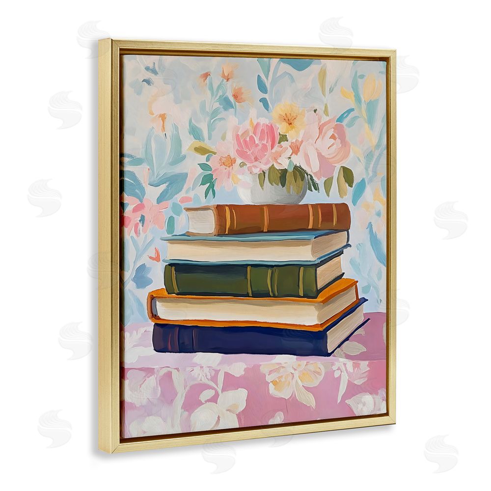 The Prints Vibe Vintage Books & Florals Gold Floating Framed Canvas Wall Art Print