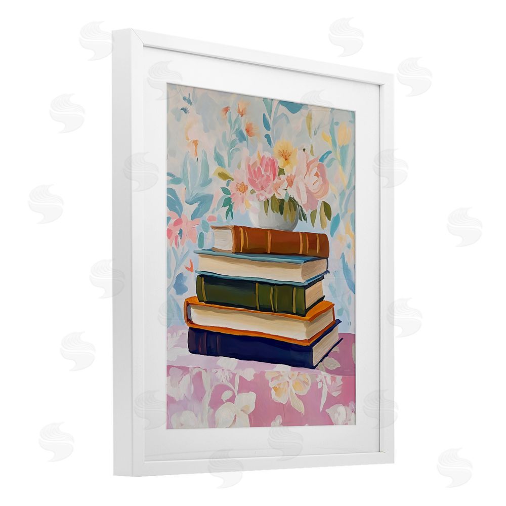 The Prints Vibe Vintage Books & Florals White Framed Print Under Glass with White Mat Wall Art
