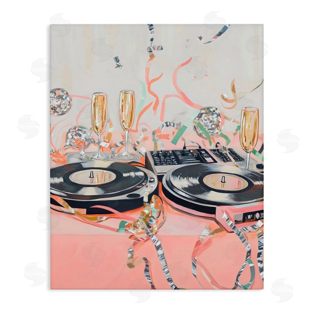 The Prints Vibe Retro Turntable & Champagne Party Stretched Canvas Wall Art