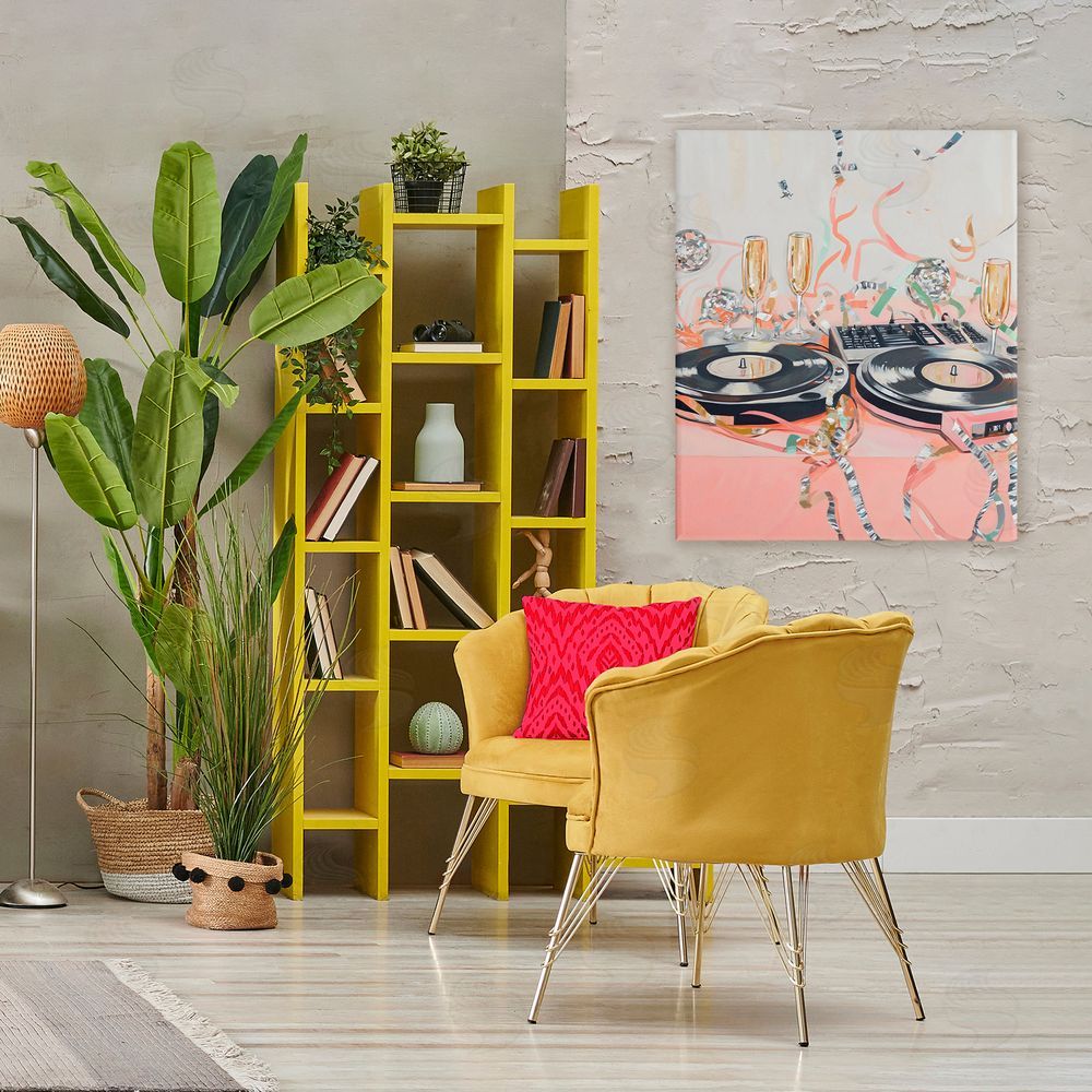 The Prints Vibe Retro Turntable & Champagne Party Stretched Canvas Wall Art in Room