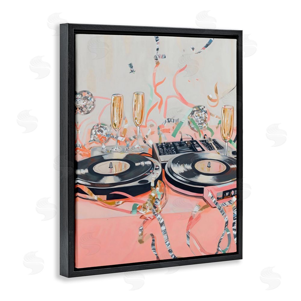 The Prints Vibe Retro Turntable & Champagne Party Black Floating Framed Canvas Wall Art