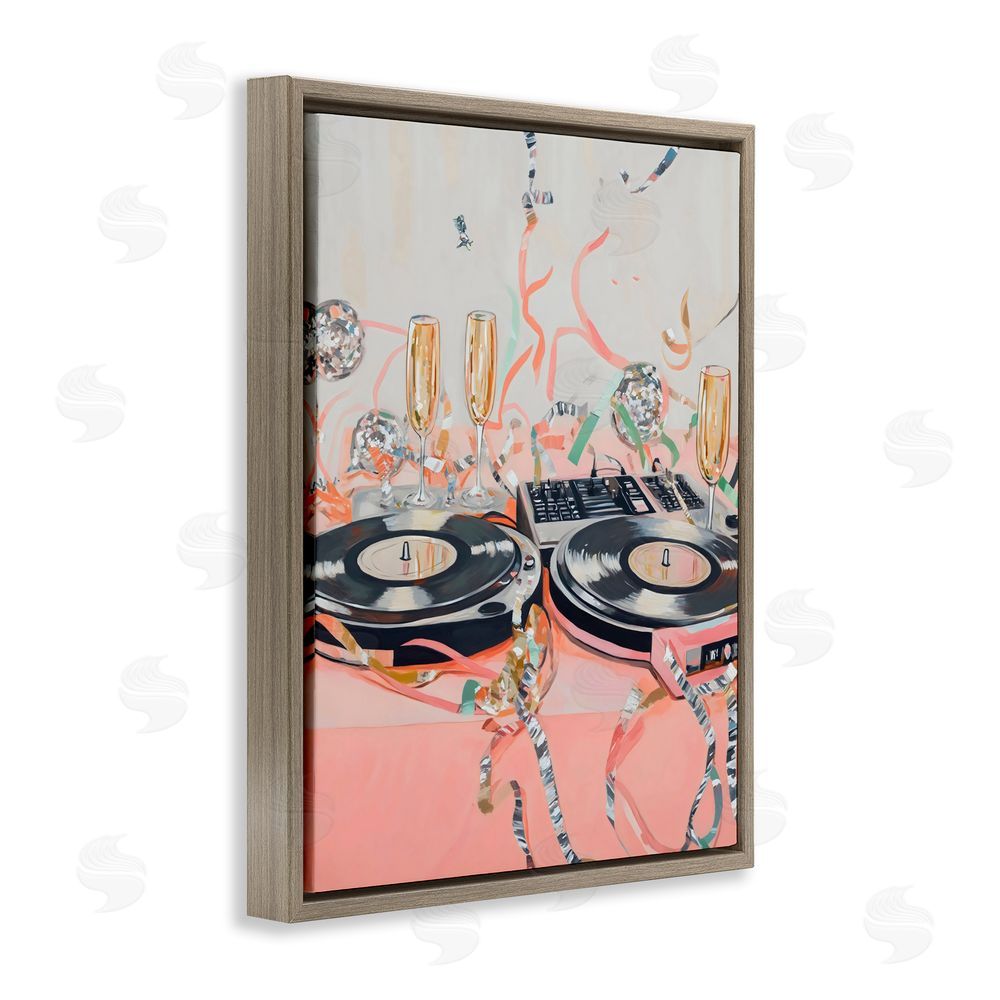 The Prints Vibe Retro Turntable & Champagne Party Brown Floating Framed Canvas Wall Art