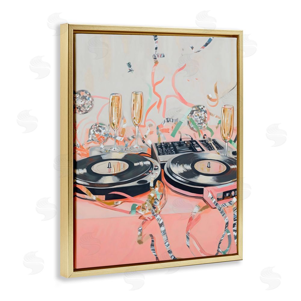 The Prints Vibe Retro Turntable & Champagne Party Gold Floating Framed Canvas Wall Art