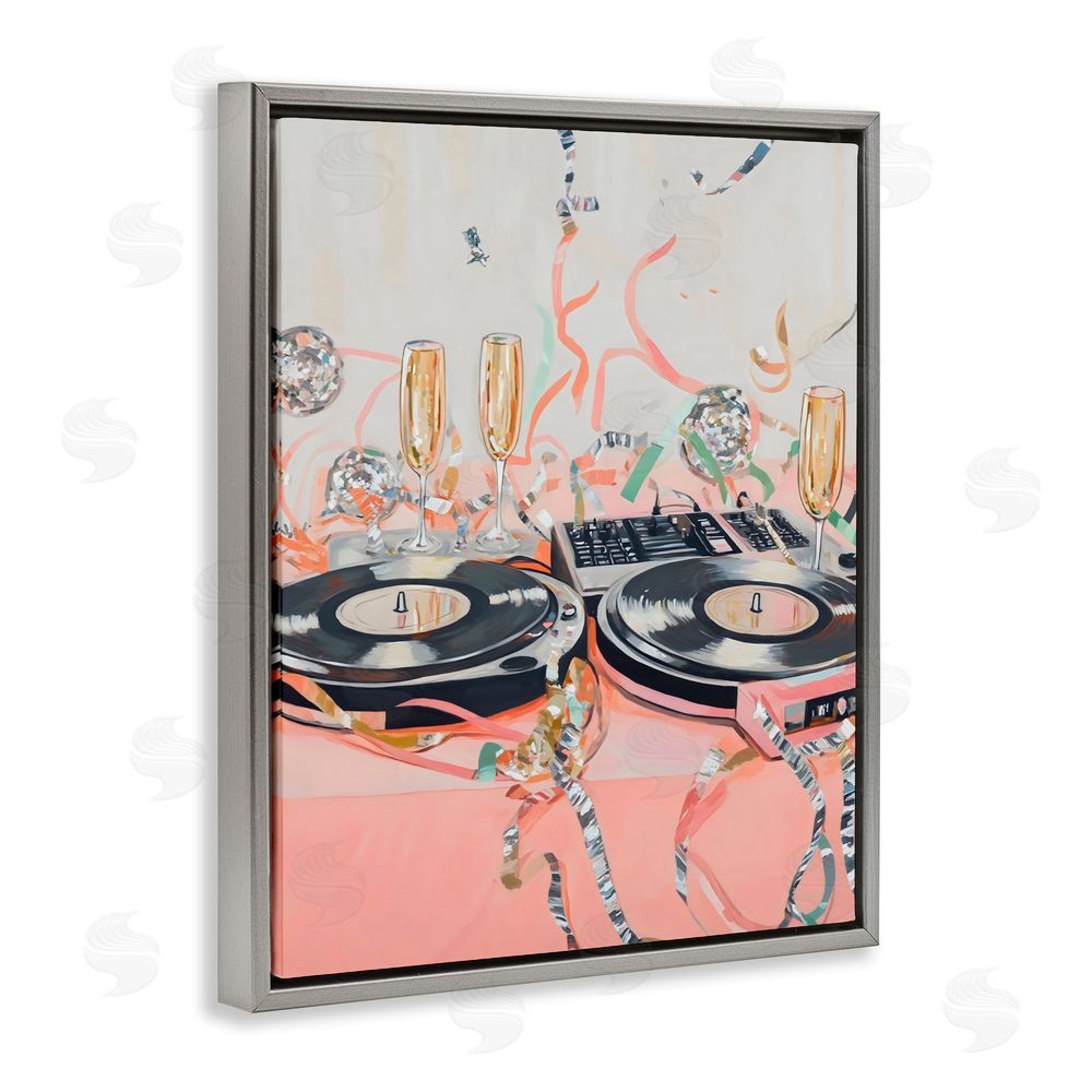 The Prints Vibe Retro Turntable & Champagne Party Gray Floating Framed Canvas Wall Art