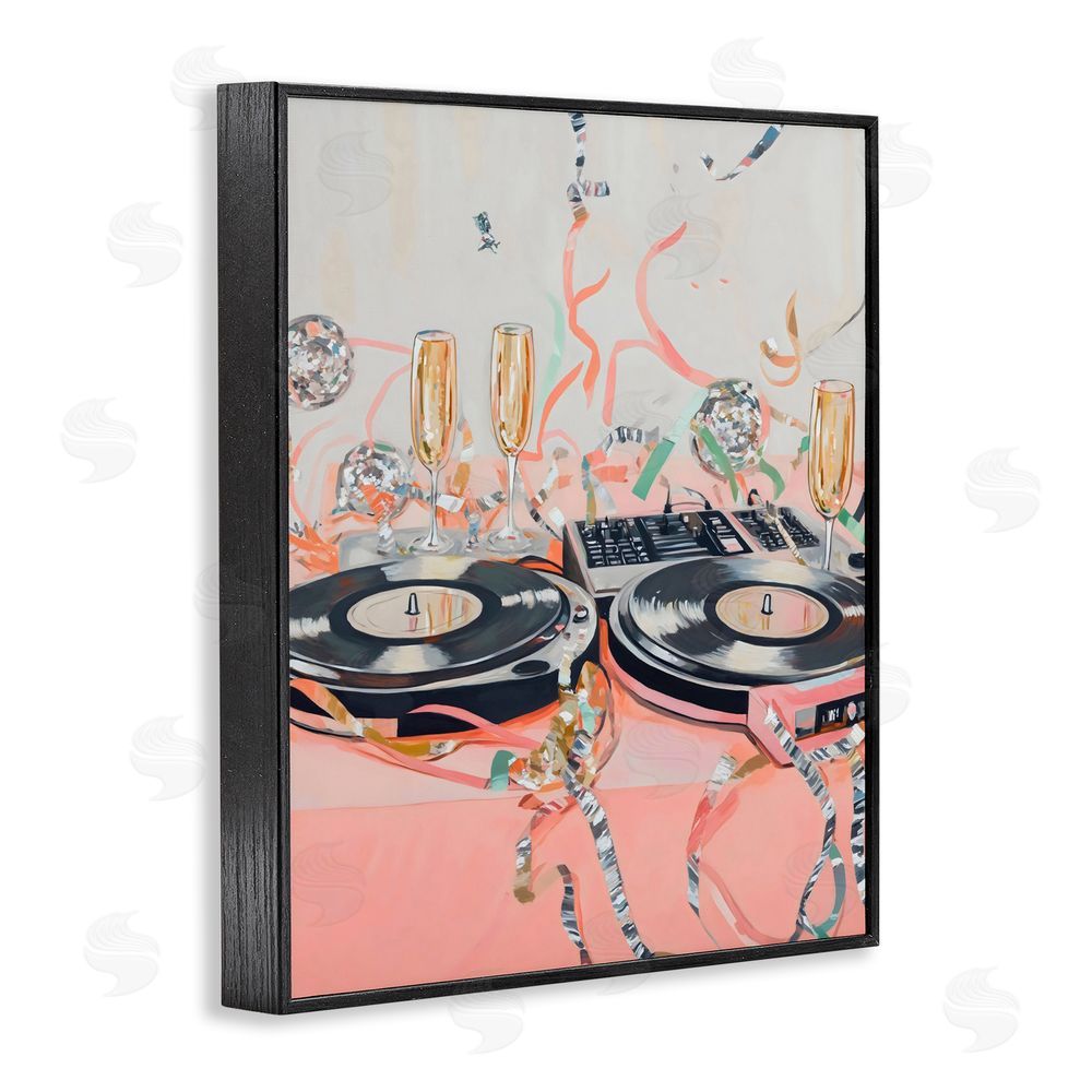 The Prints Vibe Retro Turntable & Champagne Party Black Framed Giclee Wall Art