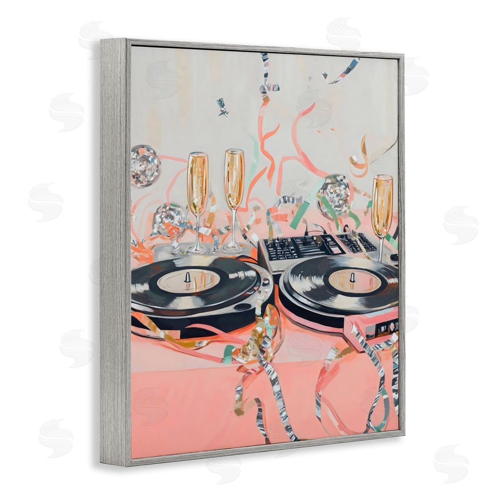 The Prints Vibe Retro Turntable & Champagne Party Gray Framed Giclee Wall Art