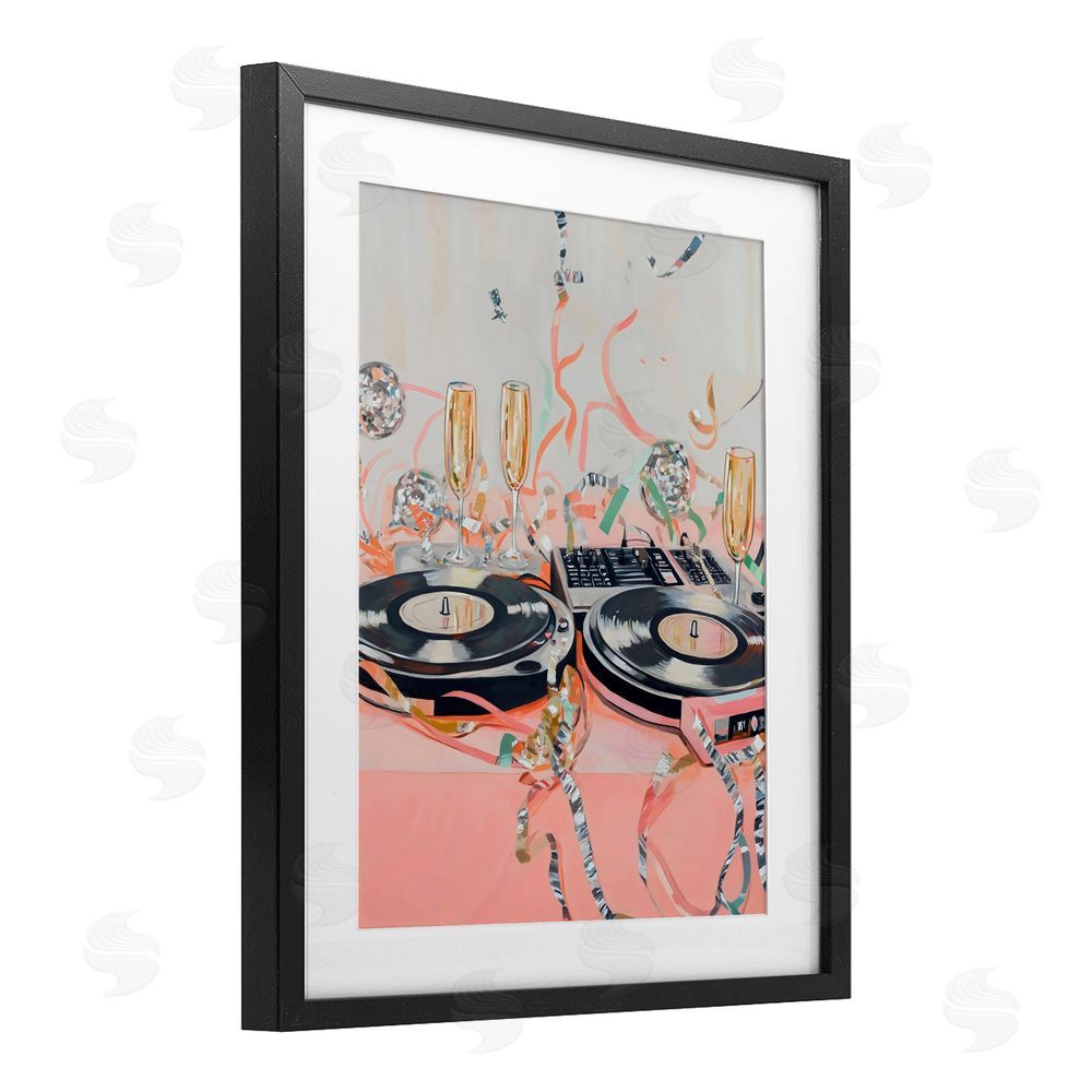 The Prints Vibe Retro Turntable & Champagne Party Black Framed Print Under Glass Wall Art