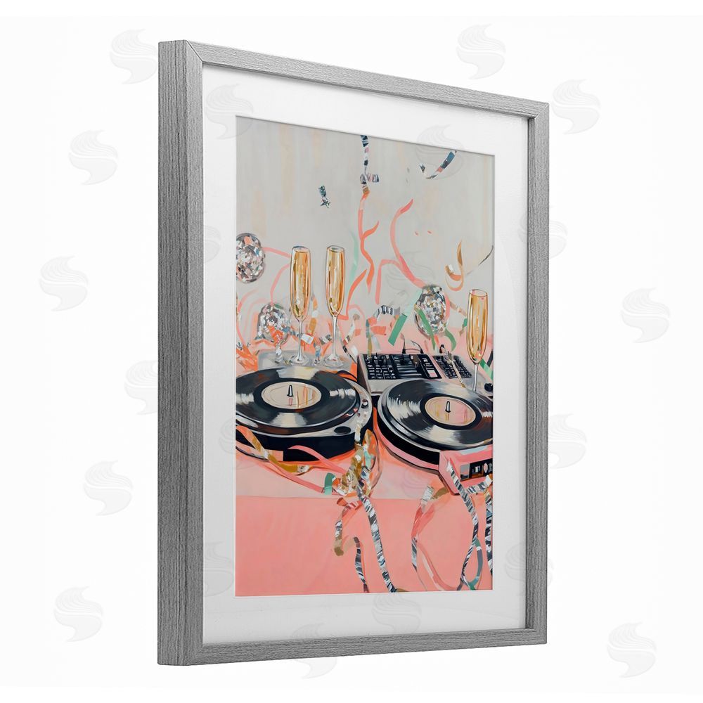 The Prints Vibe Retro Turntable & Champagne Party Gray Framed Print Under Glass Wall Art