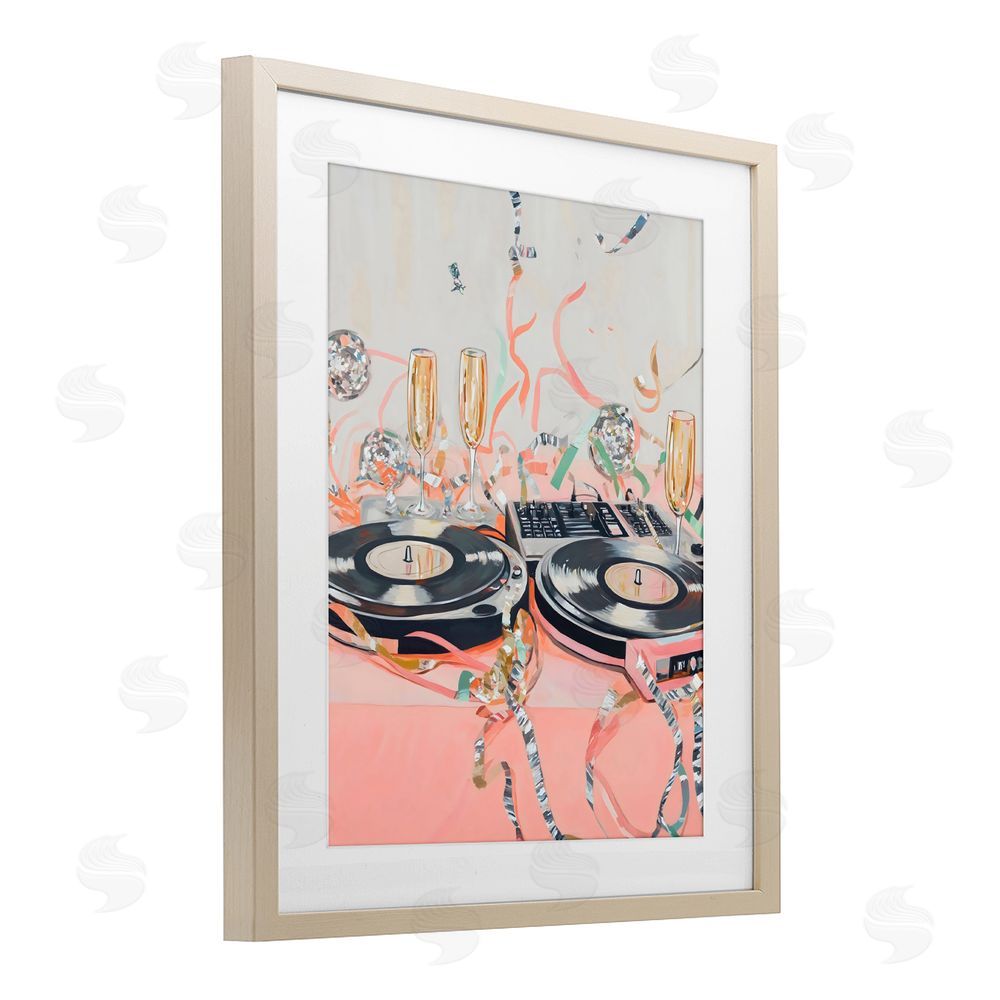 The Prints Vibe Retro Turntable & Champagne Party Brown Framed Print Under Glass Wall Art