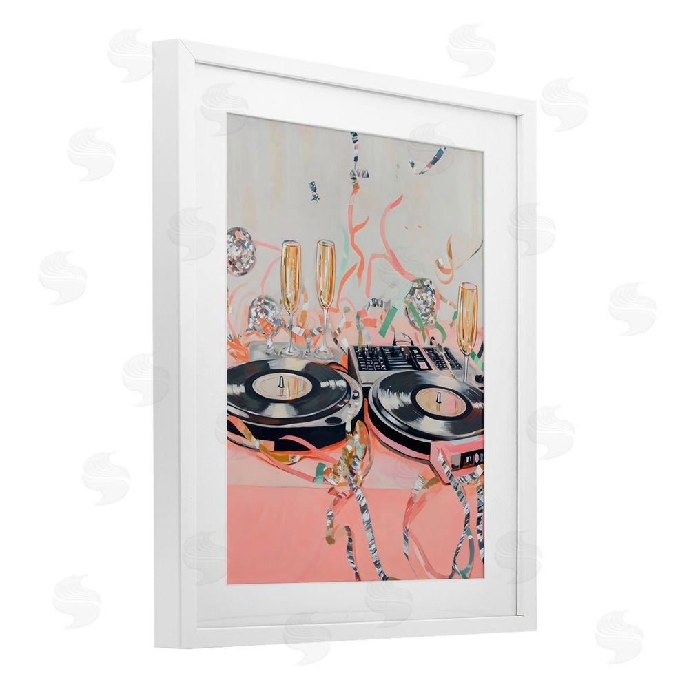 The Prints Vibe Retro Turntable & Champagne Party White Framed Print Under Glass Wall Art