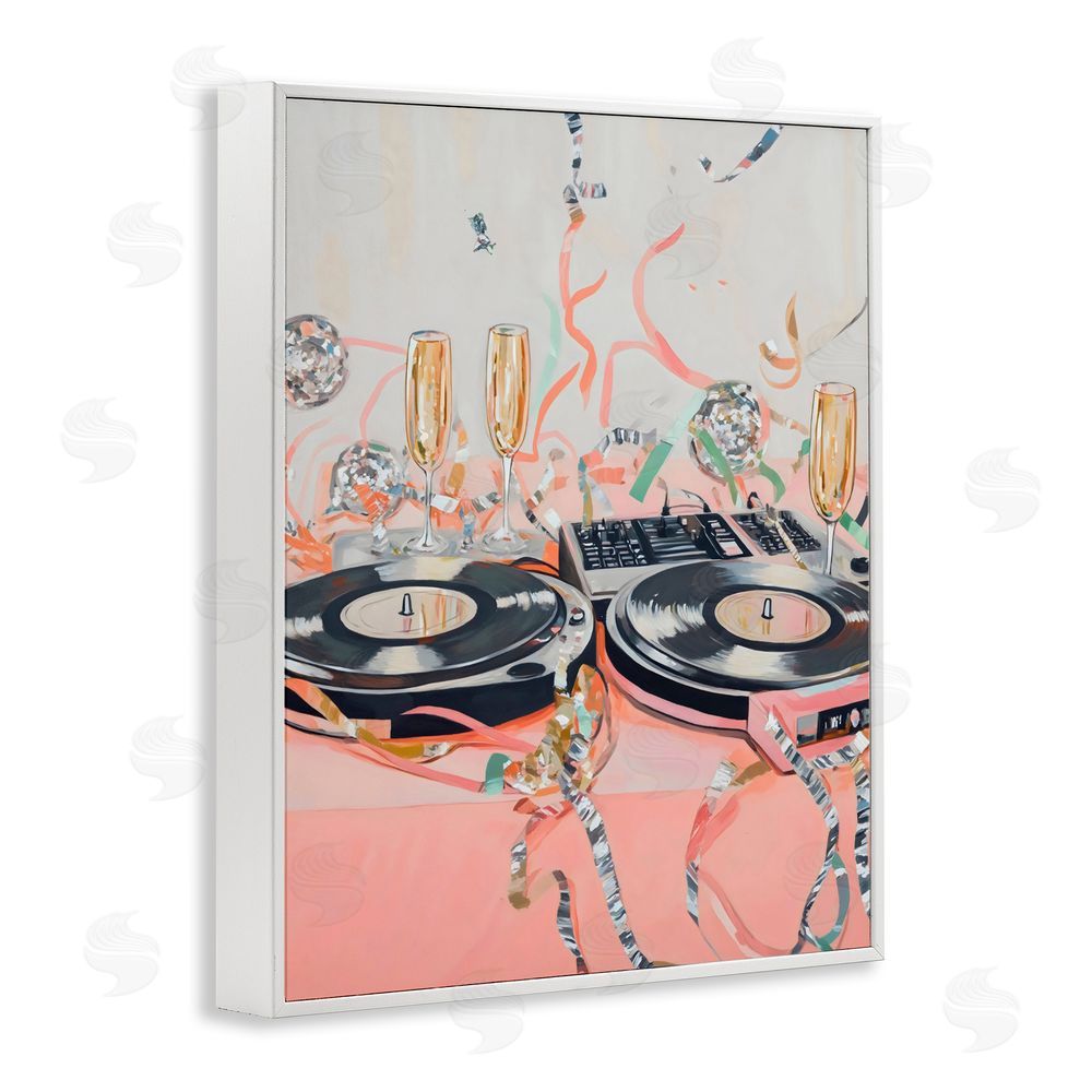 The Prints Vibe Retro Turntable & Champagne Party White Framed Giclee Wall Art