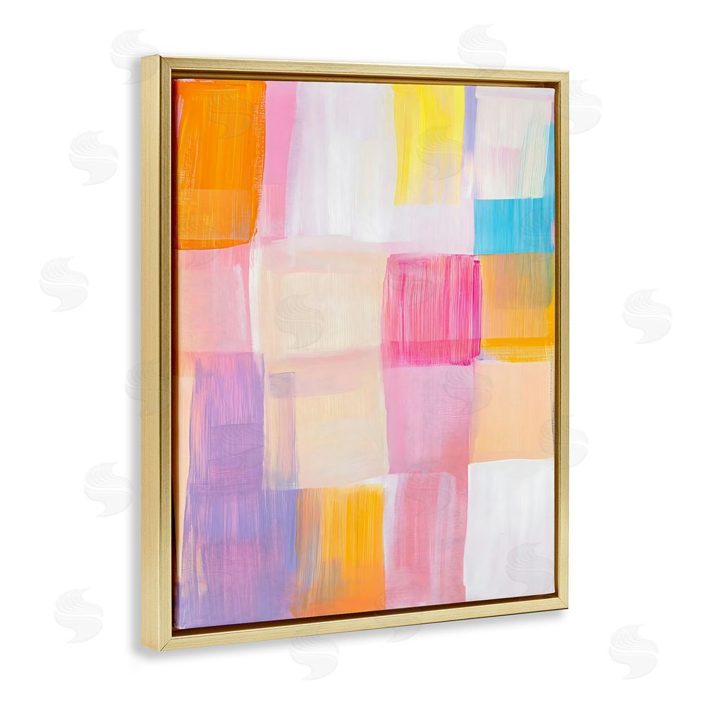 The Prints Vibe Abstract Grid Brushstrokes Gold Floating Frame Stretched Canvas Wall Art Print