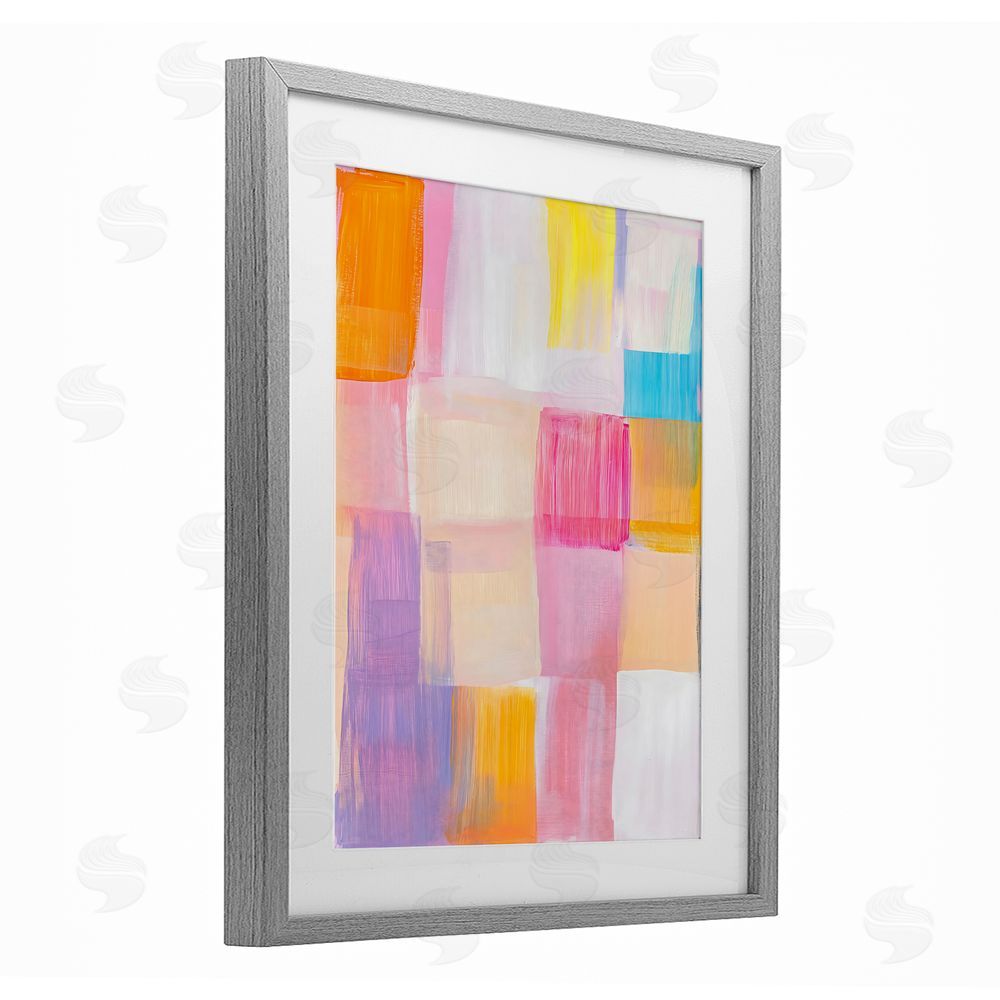 The Prints Vibe Abstract Grid Brushstrokes Gray Framed Print Under Glass with Matting Wall Art