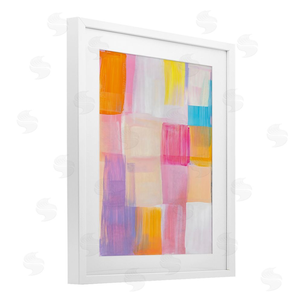 The Prints Vibe Abstract Grid Brushstrokes White Framed Print Under Glass with Matting Wall Art