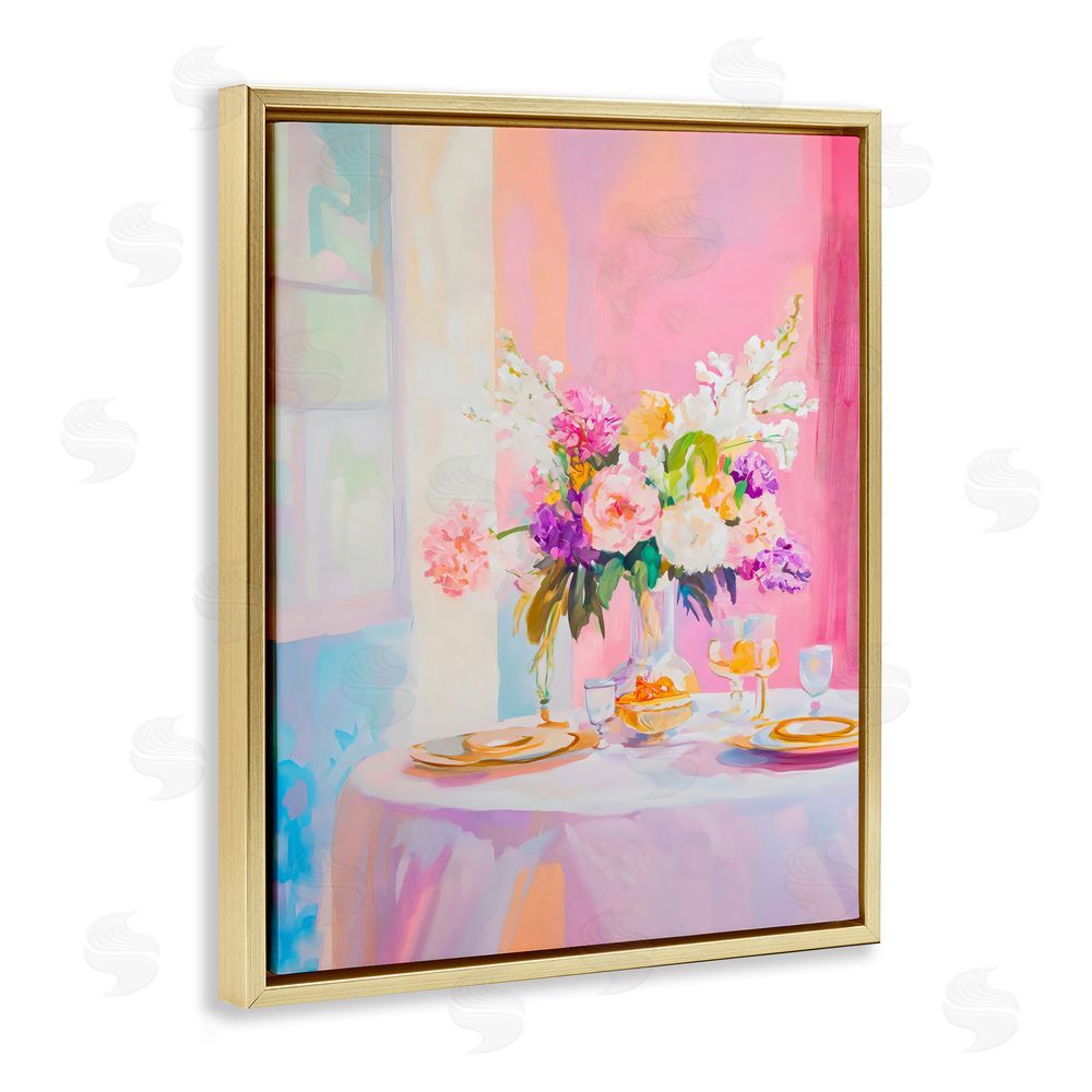 The Prints Vibe Pink Brunch with Romantic Bouquet Gold Floating Framed Canvas Wall Art