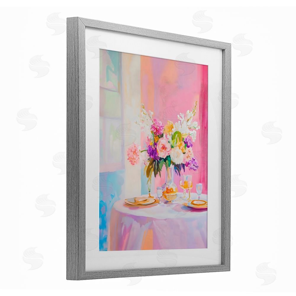 The Prints Vibe Pink Brunch with Romantic Bouquet Gray Framed Print Under Glass Wall Art