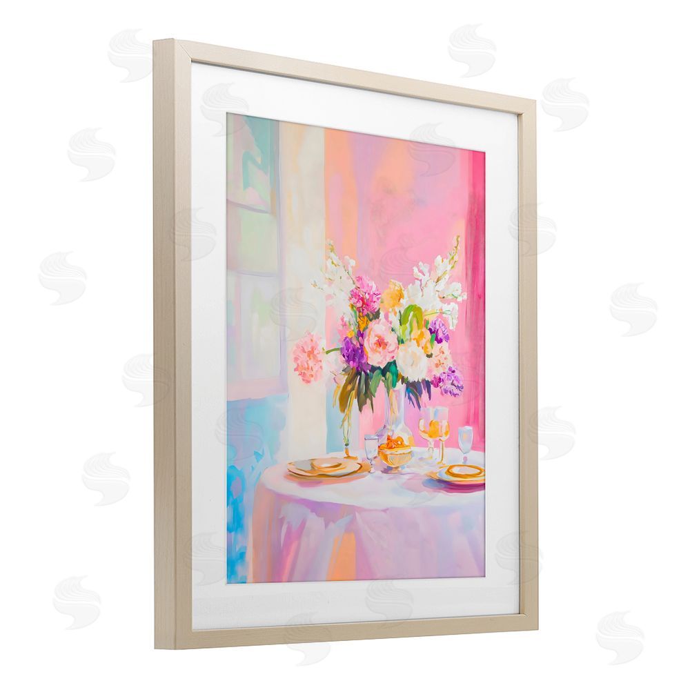 The Prints Vibe Pink Brunch with Romantic Bouquet Brown Framed Print Under Glass Wall Art