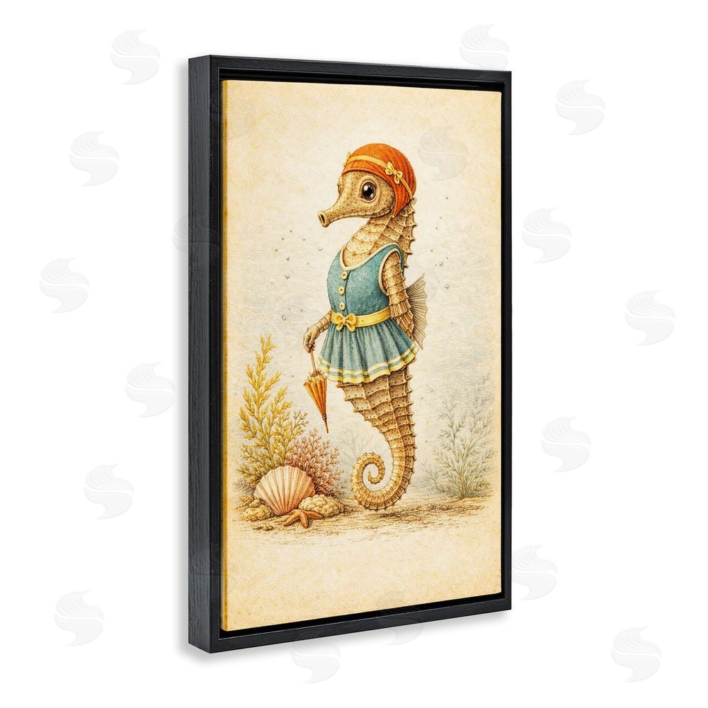 Grotto Studios Maritime Bathing Society Seahorse Black Floating Framed Canvas Wall Art