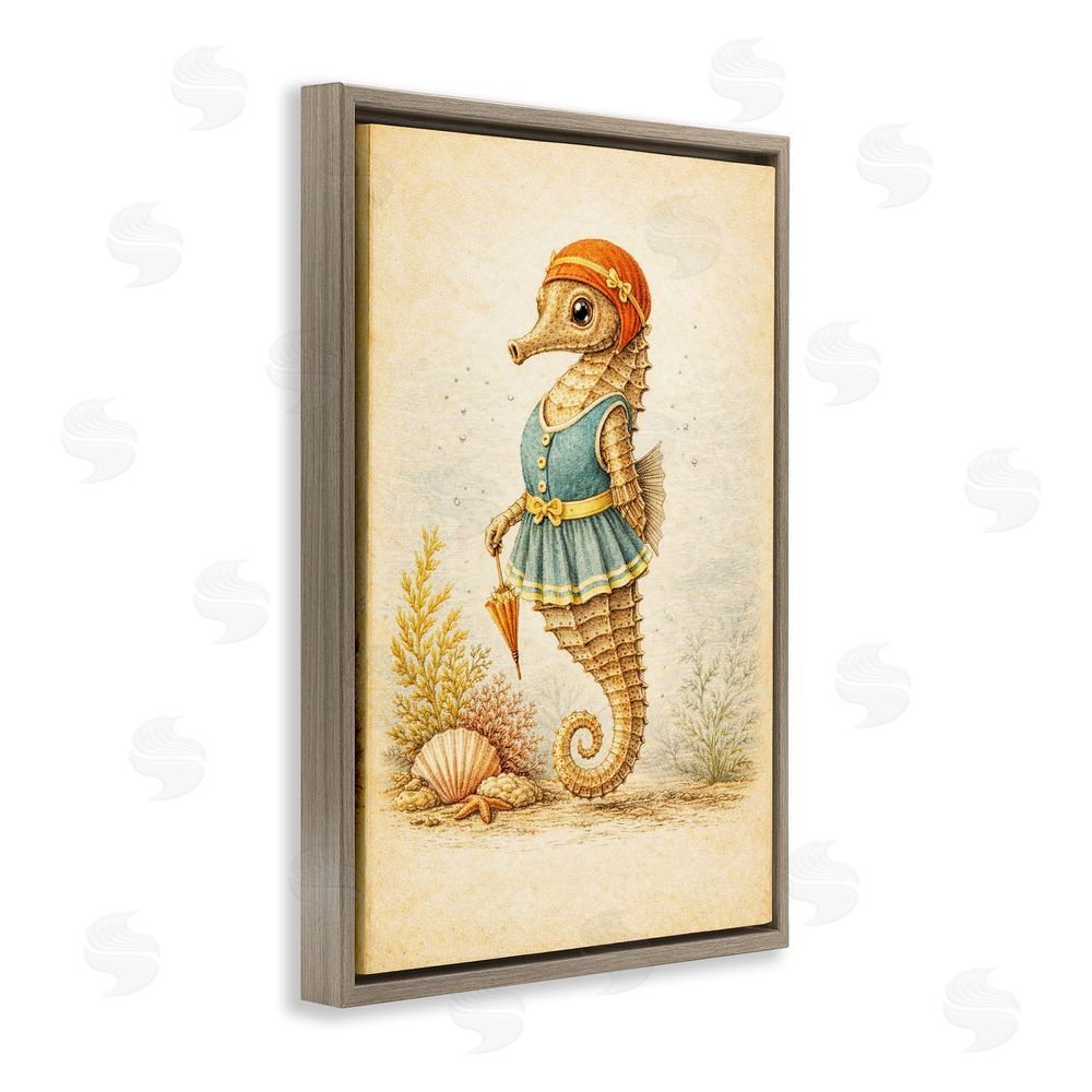 Grotto Studios Maritime Bathing Society Seahorse Brown Floating Framed Canvas Wall Art