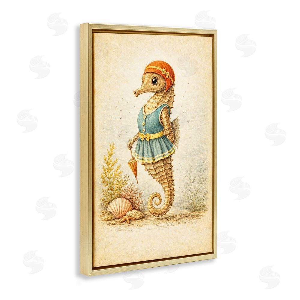Grotto Studios Maritime Bathing Society Seahorse Gold Floating Framed Canvas Wall Art