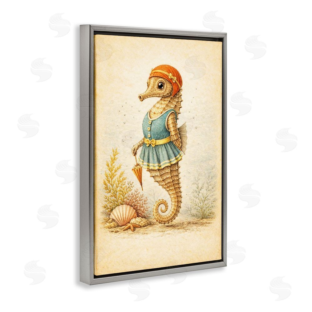 Grotto Studios Maritime Bathing Society Seahorse Gray Floating Framed Canvas Wall Art