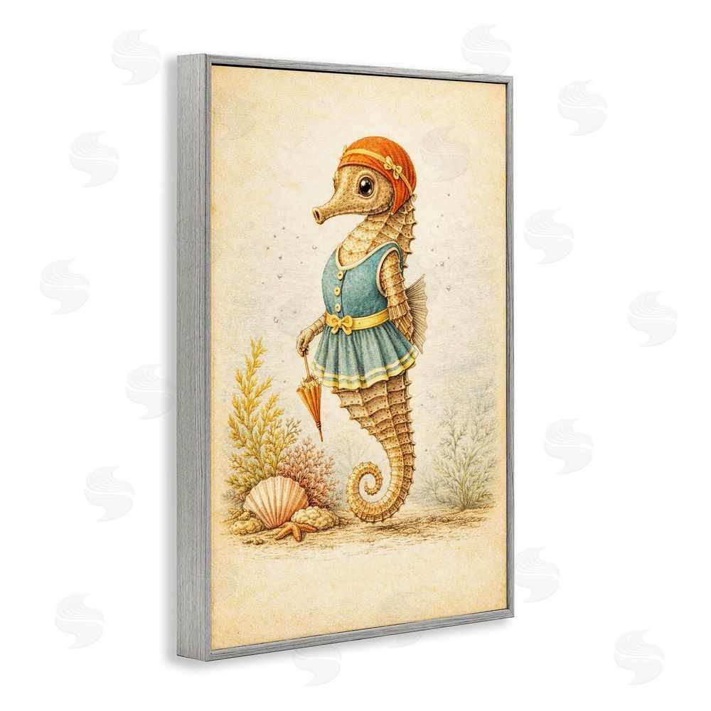 Grotto Studios Maritime Bathing Society Seahorse Gray Framed Giclee Wall Art