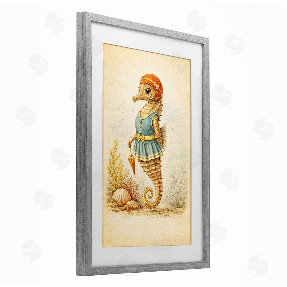Grotto Studios Maritime Bathing Society Seahorse Gray Framed Print Under Glass Wall Art