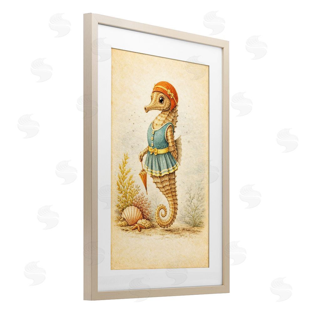 Grotto Studios Maritime Bathing Society Seahorse Brown Framed Print Under Glass Wall Art