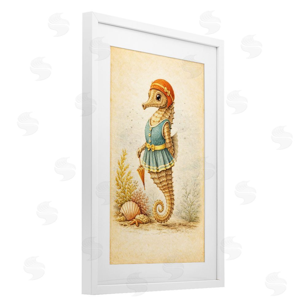 Grotto Studios Maritime Bathing Society Seahorse White Framed Print Under Glass Wall Art