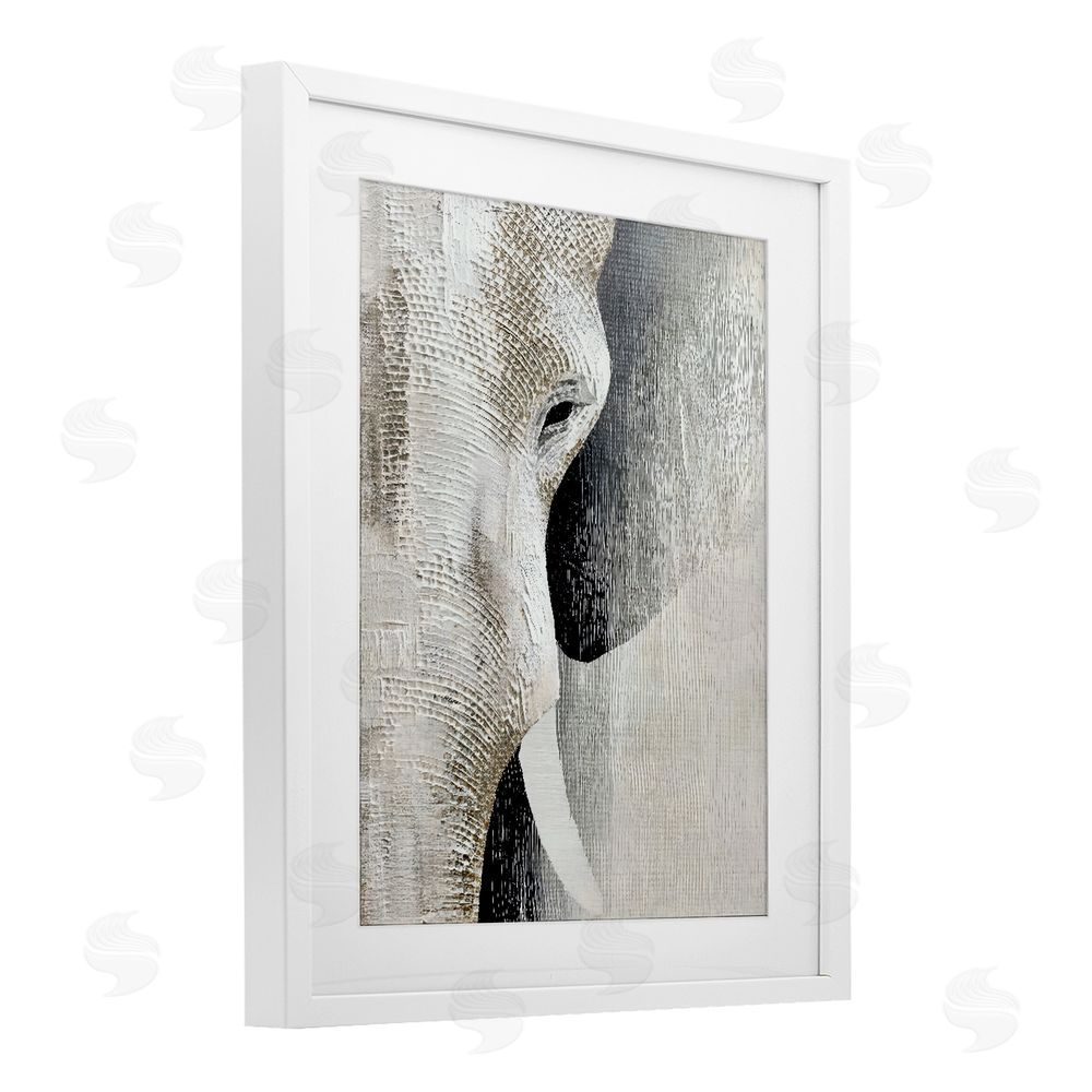 LSR Design Studio Faux Textured Elephant White Framed Print Under Glass Wall Art