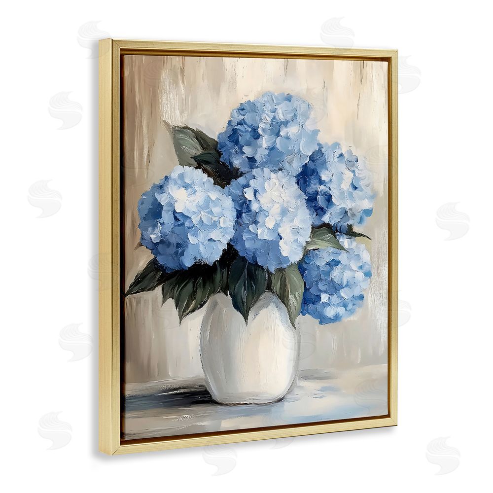 Creative Studio Painted Hydrangeas in White Vase Gold Floating Framed Canvas Wall Art
