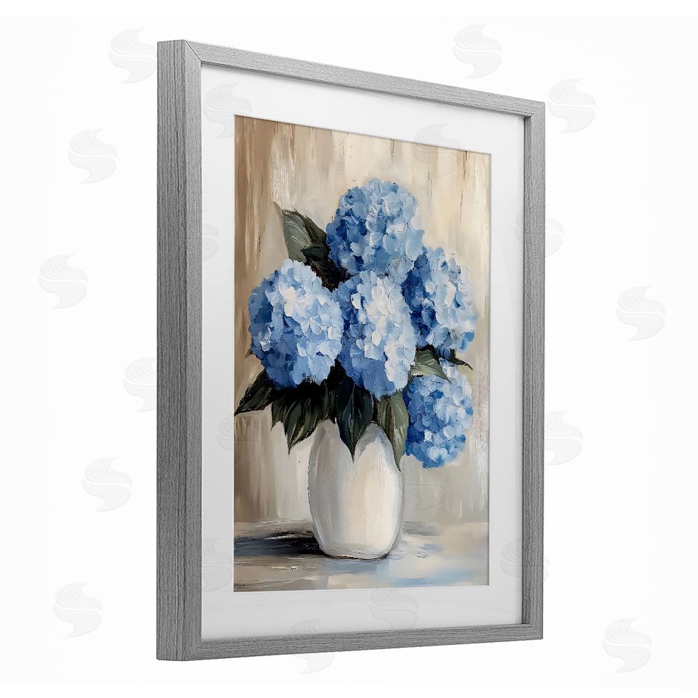 Creative Studio Painted Hydrangeas in White Vase Gray Framed Print Under Glass Wall Art