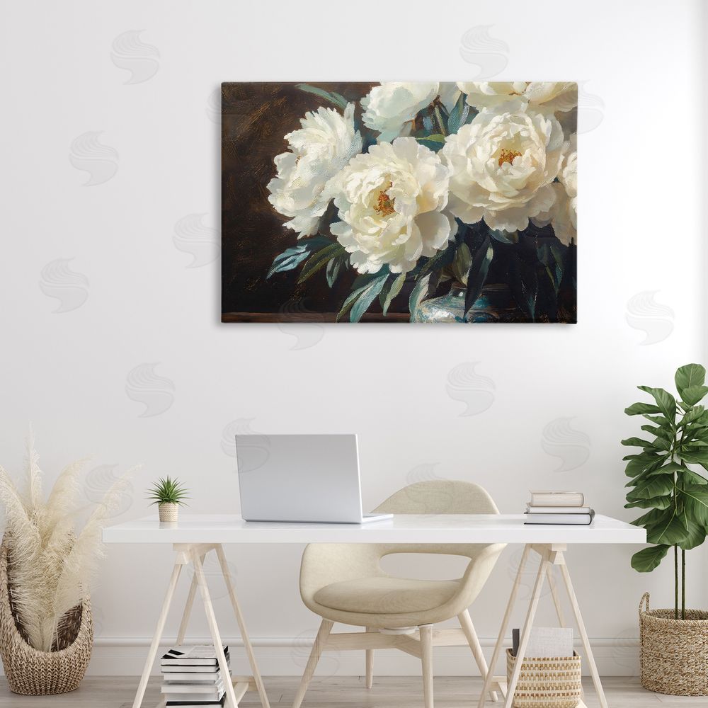 Petal Prints Design Large Moody White Floral Stretched Canvas Wall Art in Room