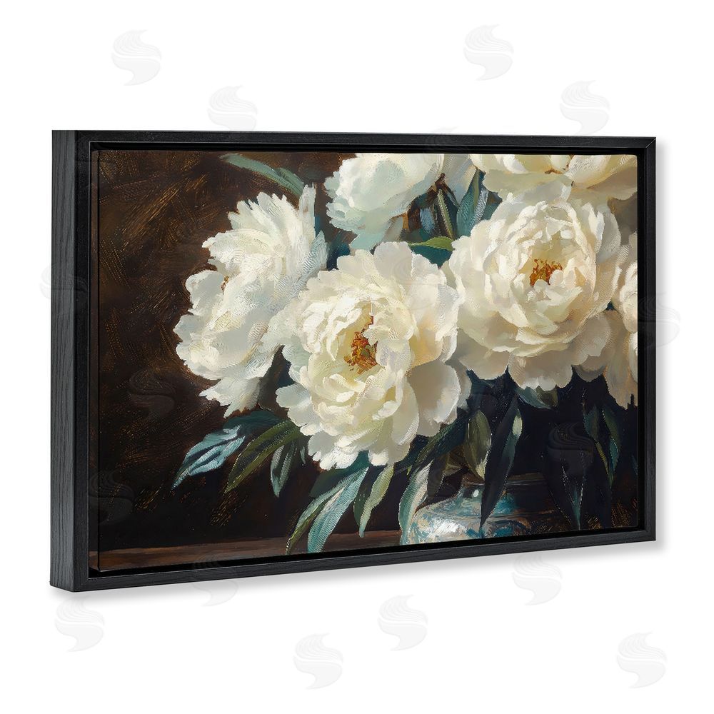 Petal Prints Design Large Moody White Floral Black Floating Framed Canvas Wall Art