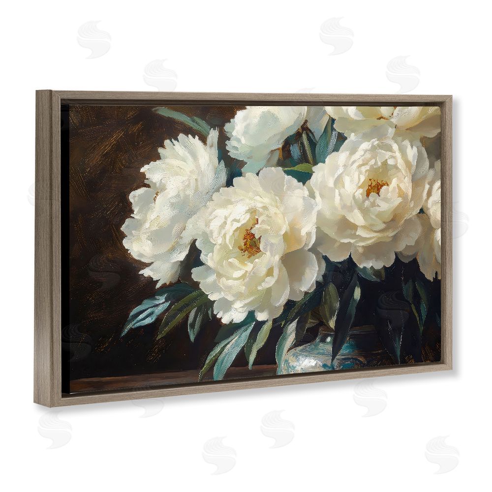 Petal Prints Design Large Moody White Floral Brown Floating Framed Canvas Wall Art