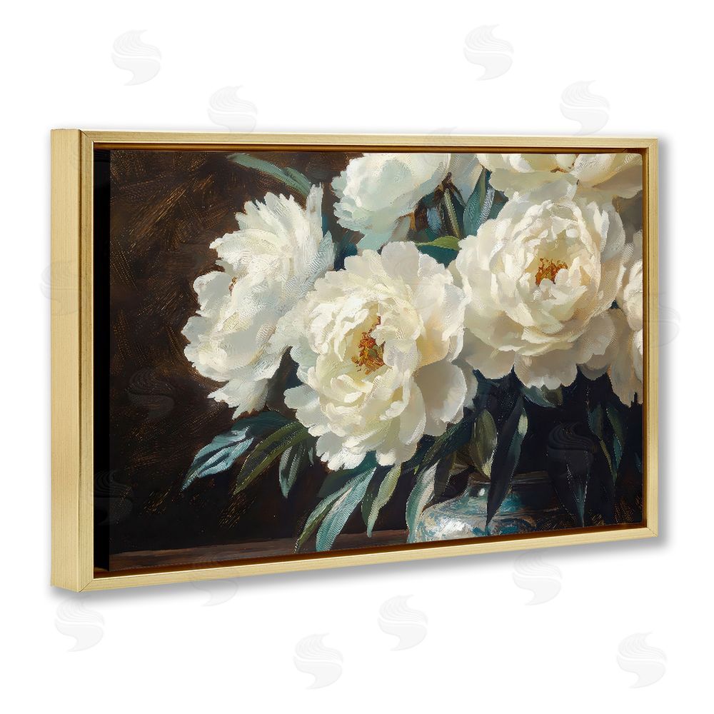 Petal Prints Design Large Moody White Floral Gold Floating Framed Canvas Wall Art