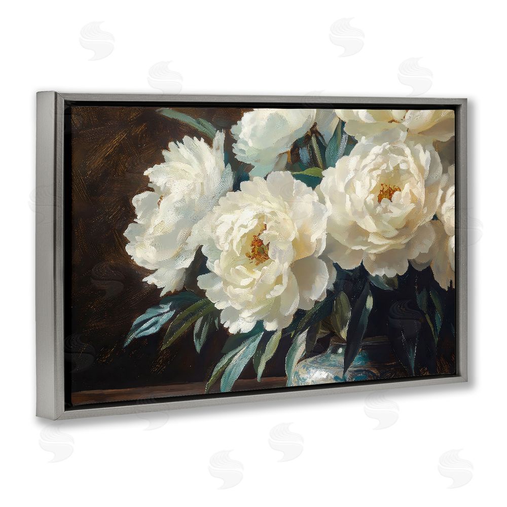 Petal Prints Design Large Moody White Floral Gray Floating Framed Canvas Wall Art