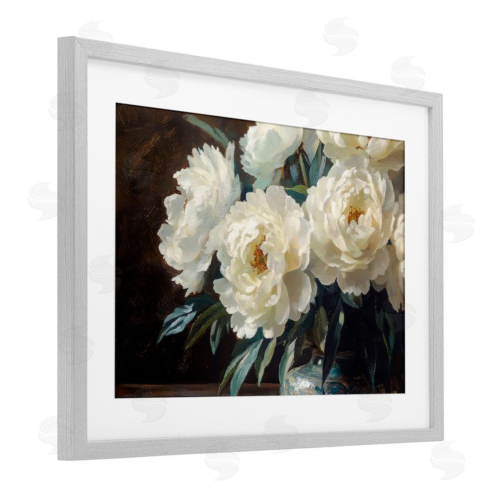 Petal Prints Design Large Moody White Floral Gray Framed Print Under Glass Wall Art